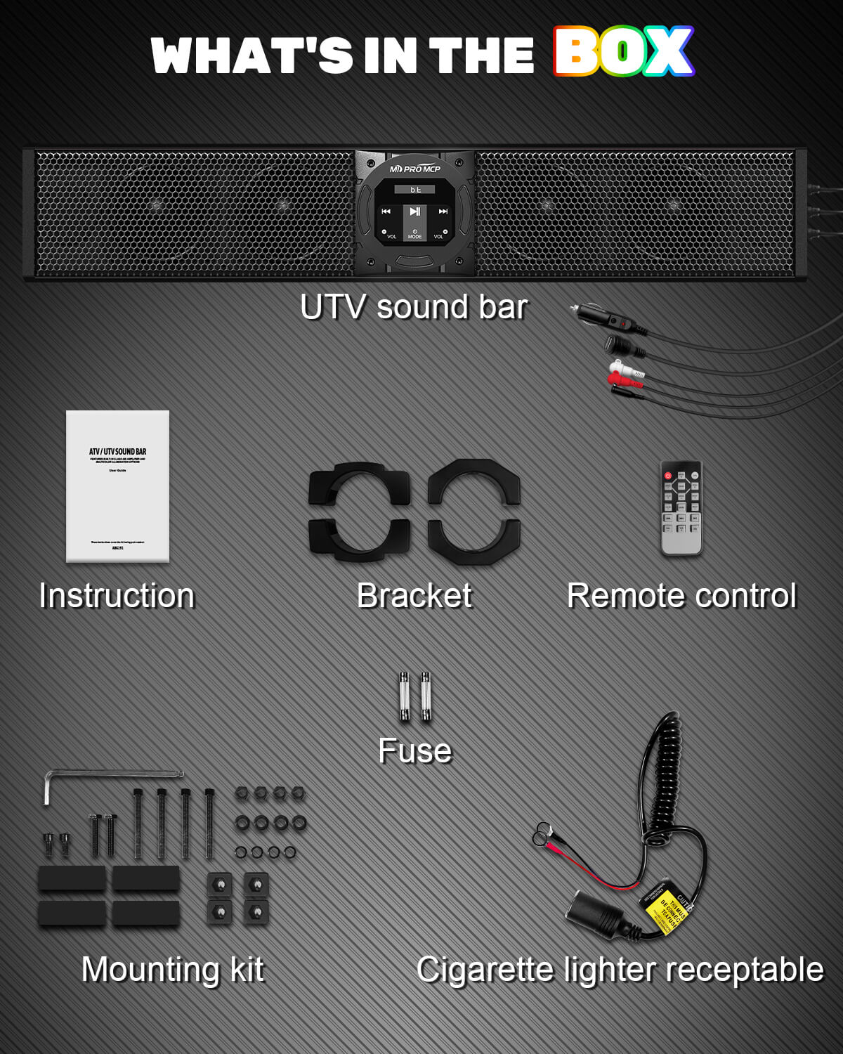 UTV bluetooth sound bar package includes