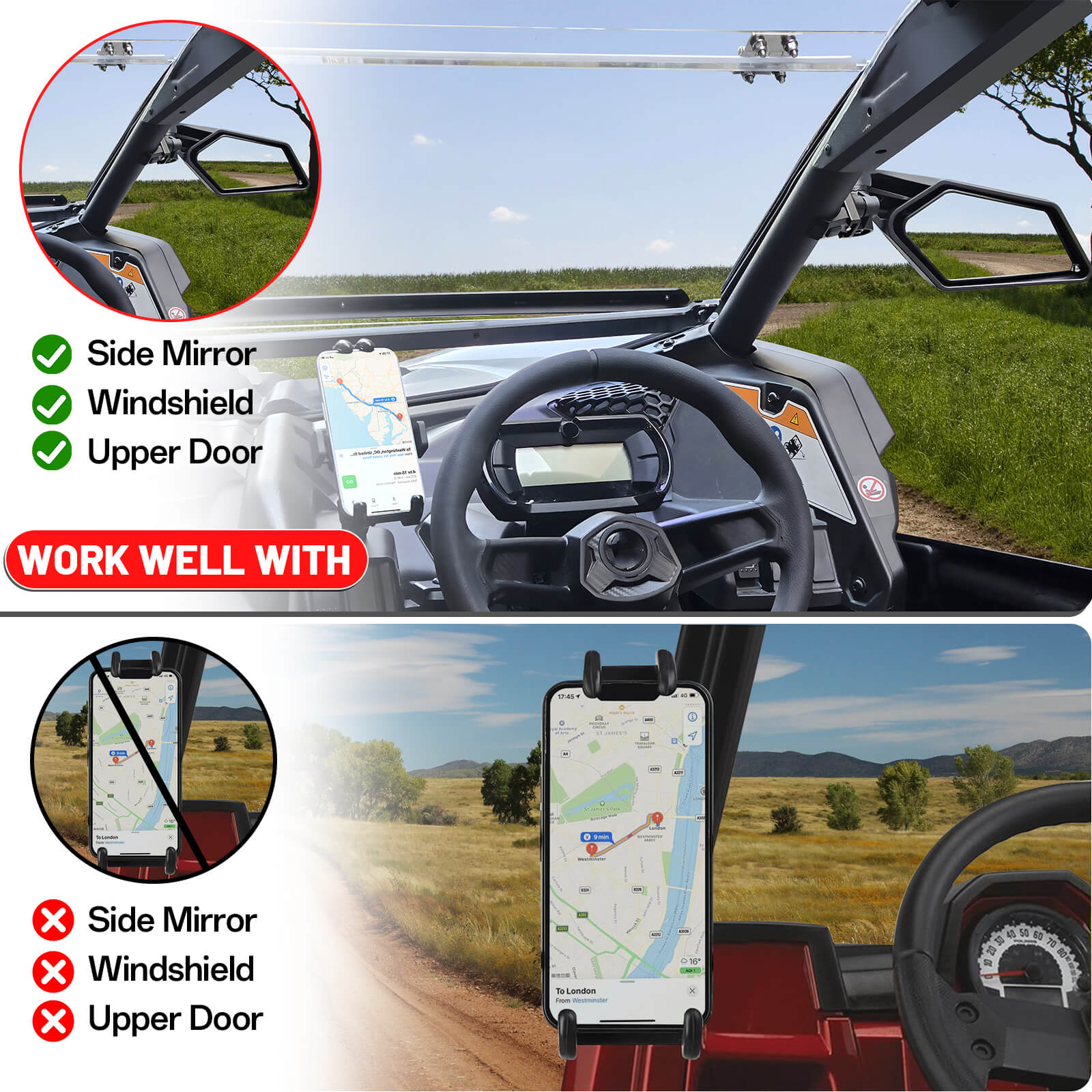 Can-Am phone holder work well with side mirror, windshield and upper door