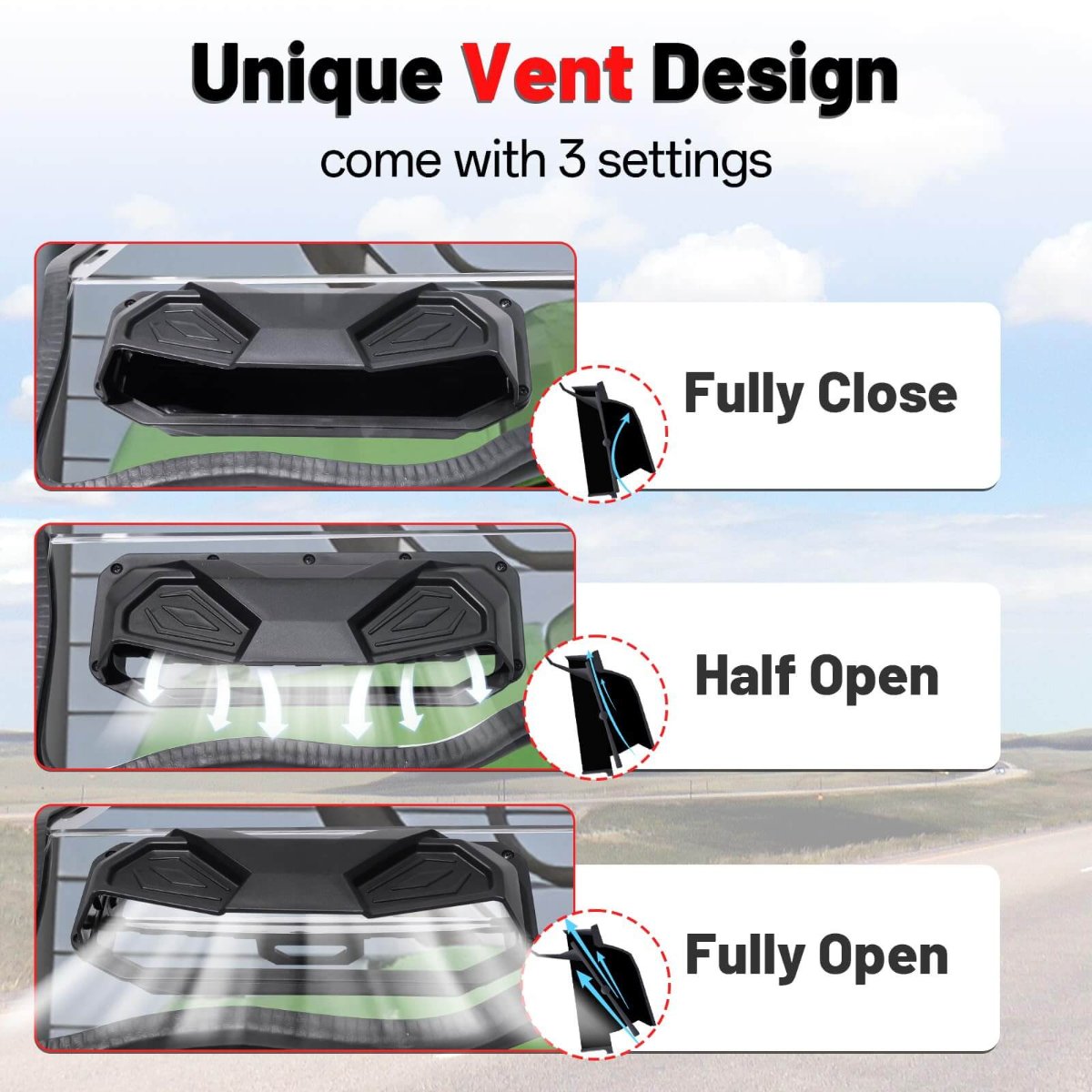 unique vent design of mule sx windshield