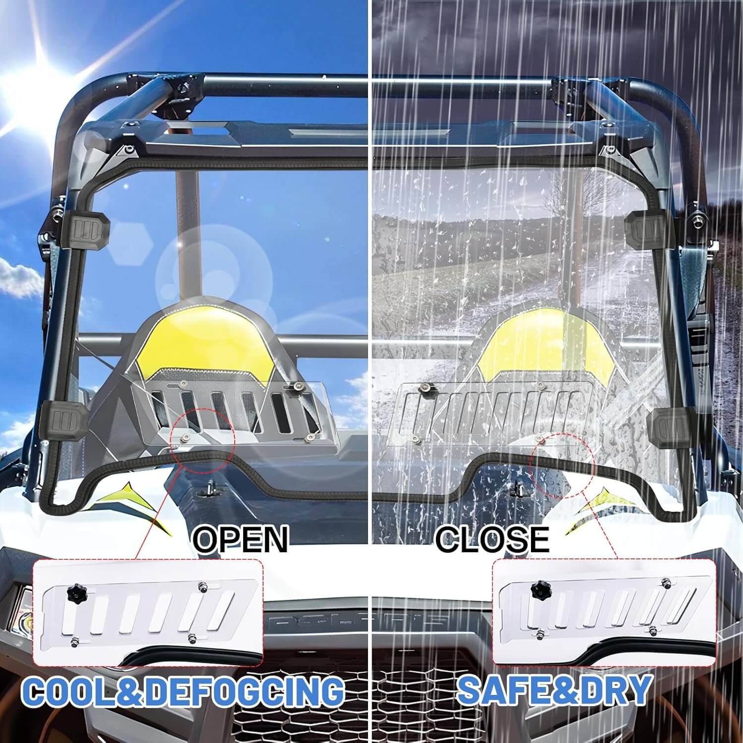 StarknightMT RZR XP 1000 vented windshield open and close view