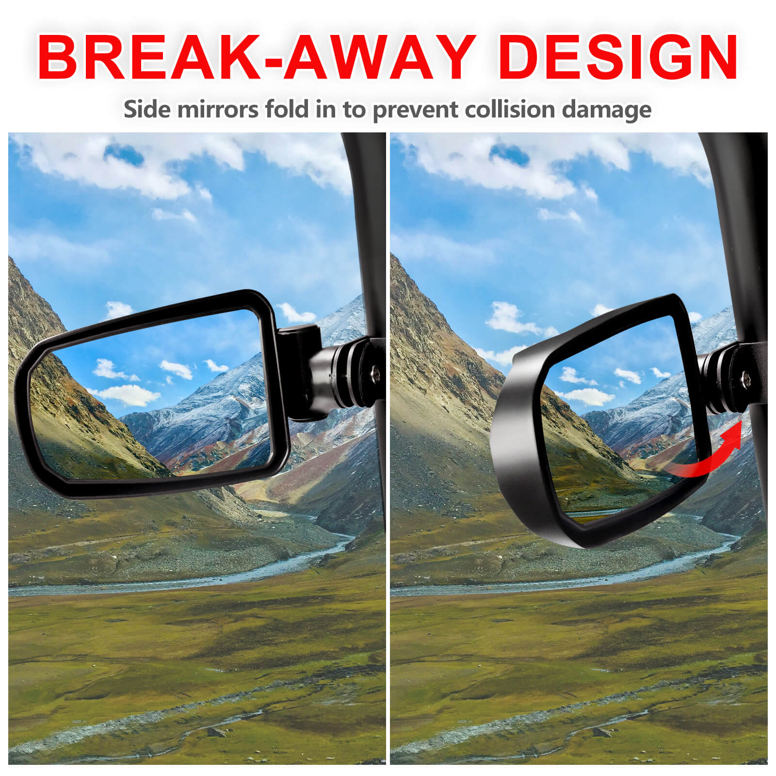 break away design of rzr side mirrors