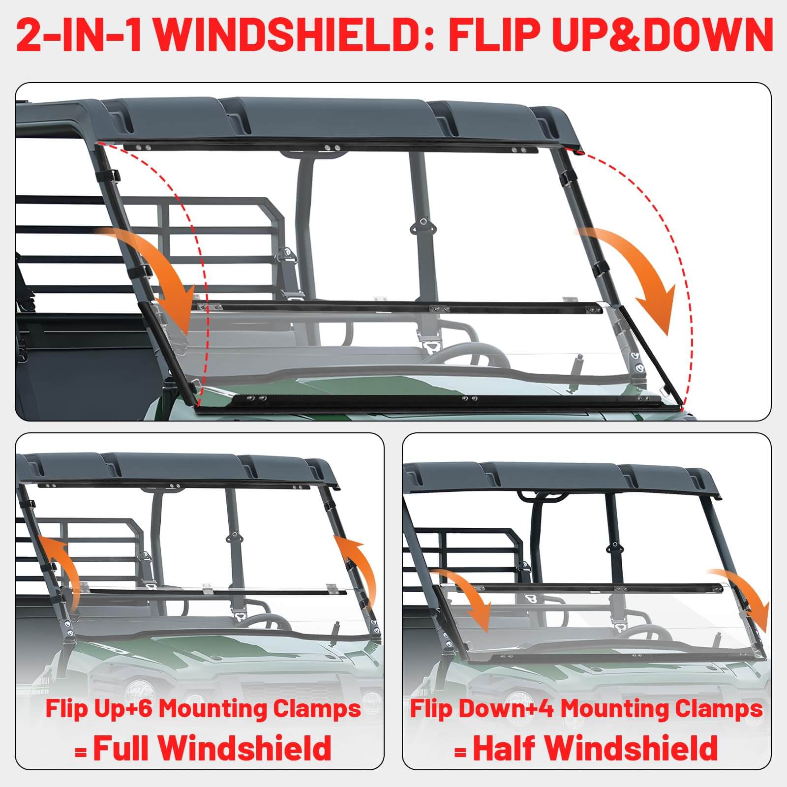 Kawasaki Mule Pro Scratch-Resistant Flip Windshield