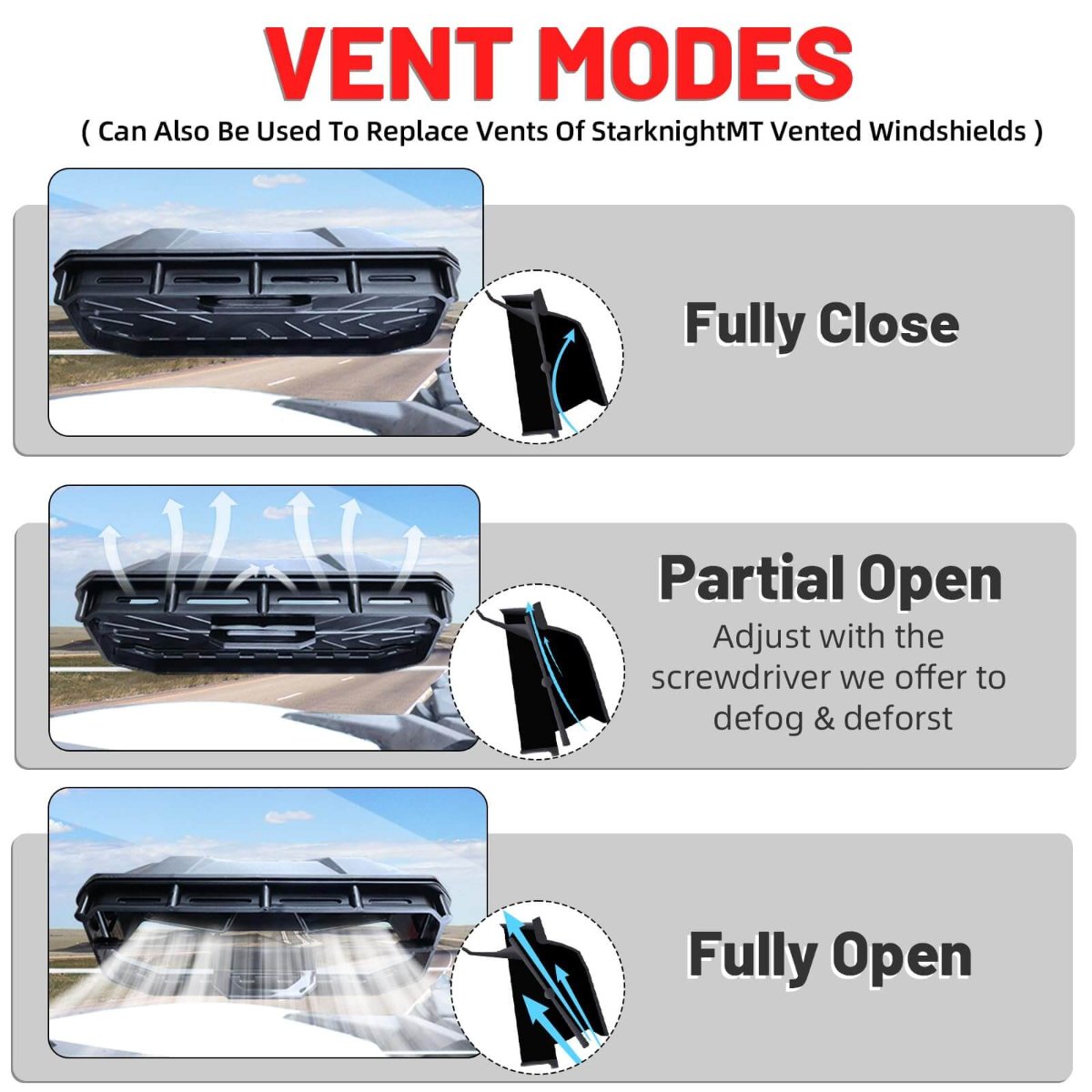 generak 1000 vented front windshield vent modes