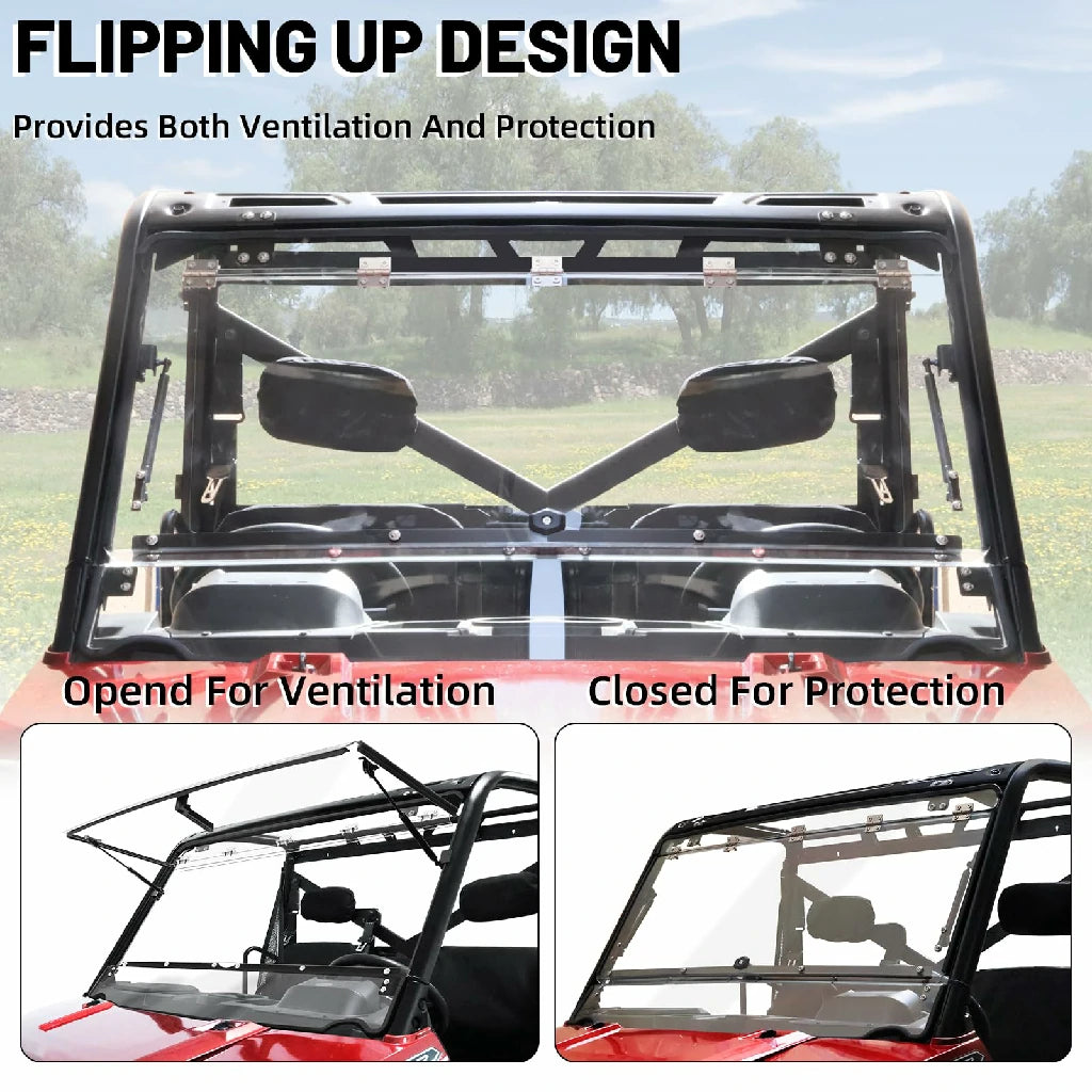 flipping up design of ranger xp 1000 windshield 